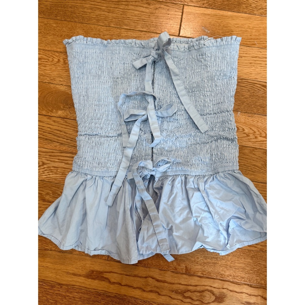 Princess Polly Blue Smocked Peplum Tube Top US 2 Hook Eye Back Tie Strapless